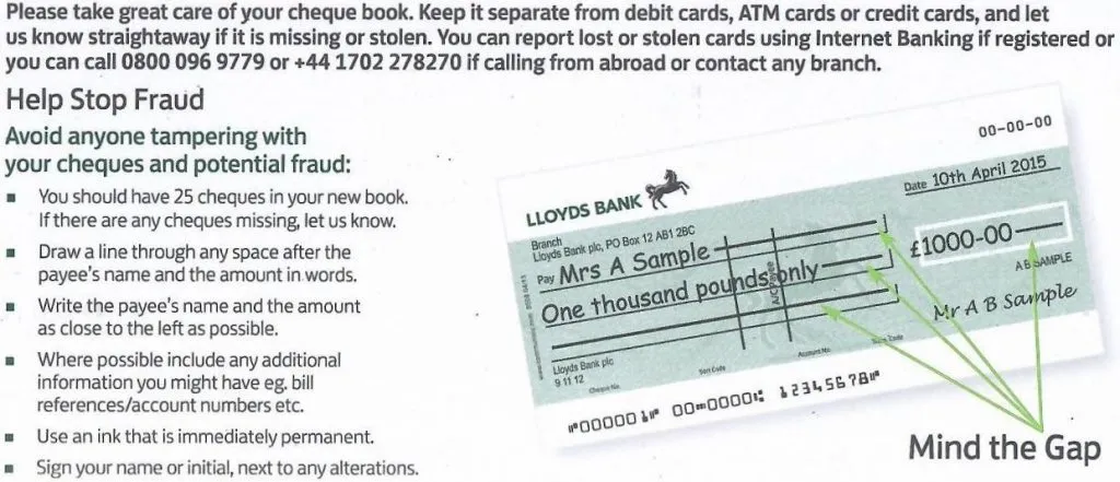 Lloyds Bank 支票簿內頁的使用教學