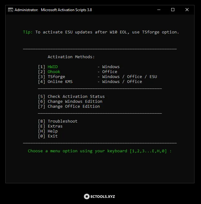 圖為 Microsoft Activation Scripts (MAS) 的啟用介面。
